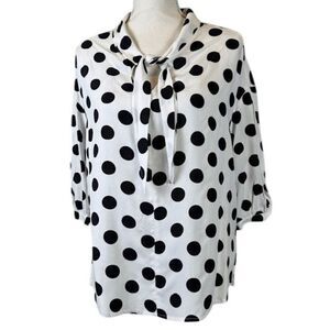 La Babite Tie Sailor Neck Blouse White with Black Polka Dot Pintuck Sleeve Large